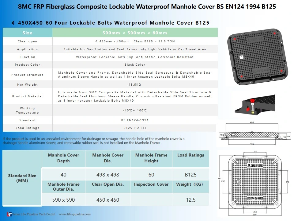 High Quality 45cm X 45cm Petrol Station SMC Resin Composite Square Lockable Safety Trench Cover Gas Station FRP Fiberglass GRP Manhole Cover and Frame